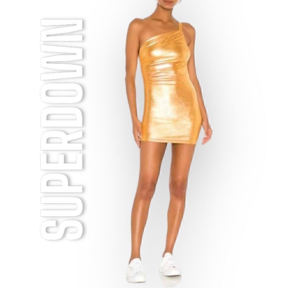 Superdown Elsa One Shoulder Gold Metallic Bodycon Mini Dress, Women’s Medium